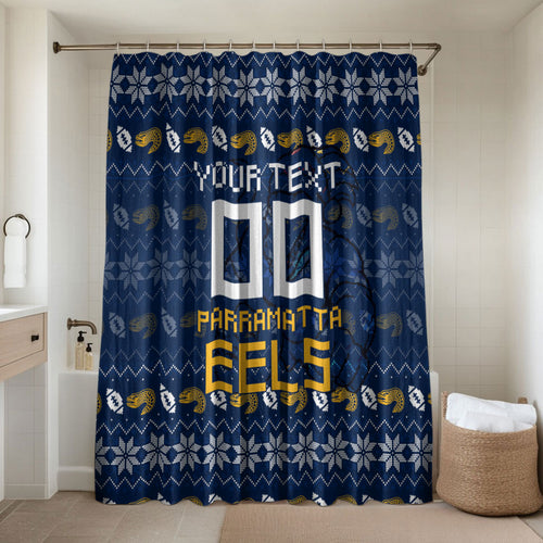 Personalized Parramatta Eels Christmas Bathroom Set Australian Rugby Fans - Pixelated Ugly Xmas Pattern Mascot Santa