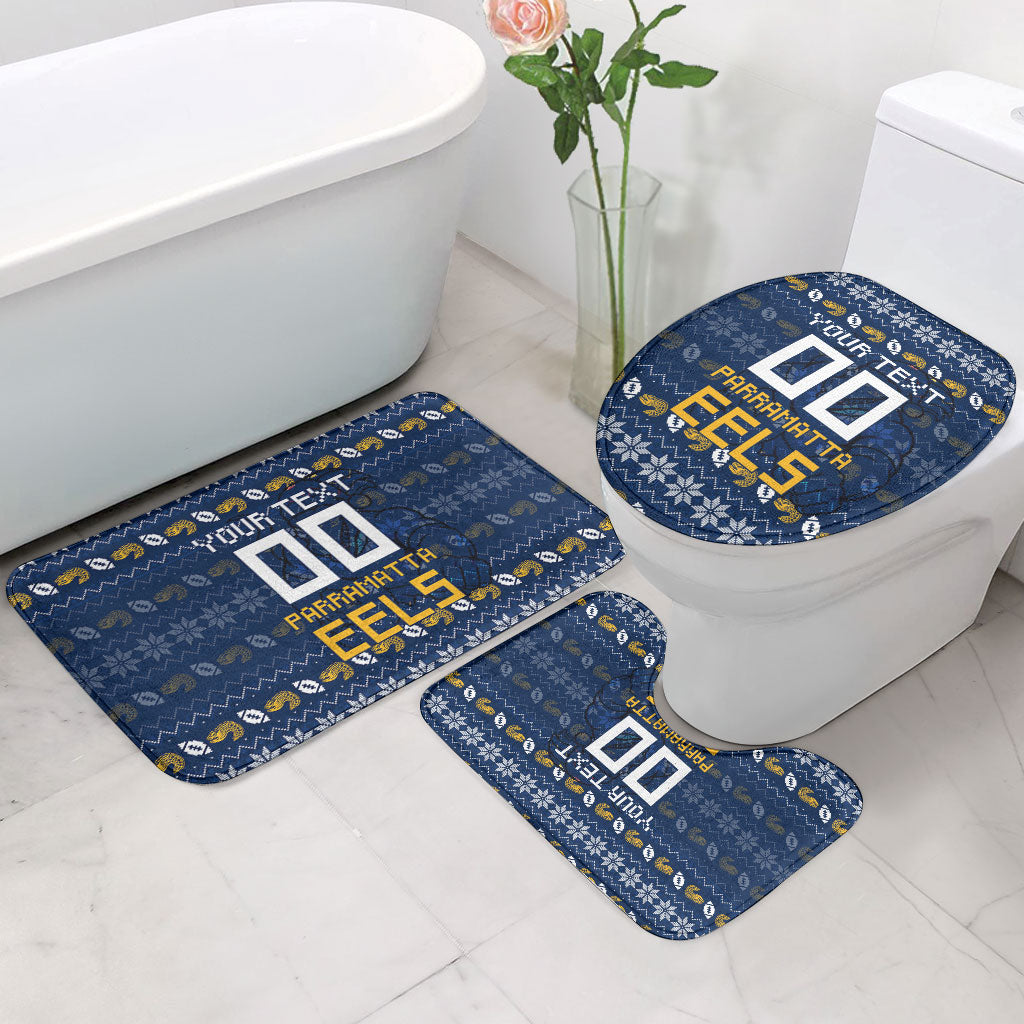 Personalized Parramatta Eels Christmas Bathroom Set Australian Rugby Fans - Pixelated Ugly Xmas Pattern Mascot Santa