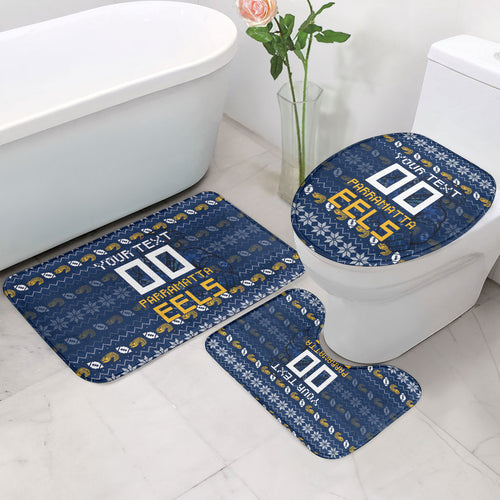 Personalized Parramatta Eels Christmas Bathroom Set Australian Rugby Fans - Pixelated Ugly Xmas Pattern Mascot Santa