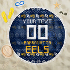 Personalized Parramatta Eels Christmas Beach Blanket Australian Rugby Fans - Pixelated Ugly Xmas Pattern Mascot Santa