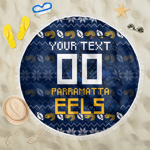 Personalized Parramatta Eels Christmas Beach Blanket Australian Rugby Fans - Pixelated Ugly Xmas Pattern Mascot Santa