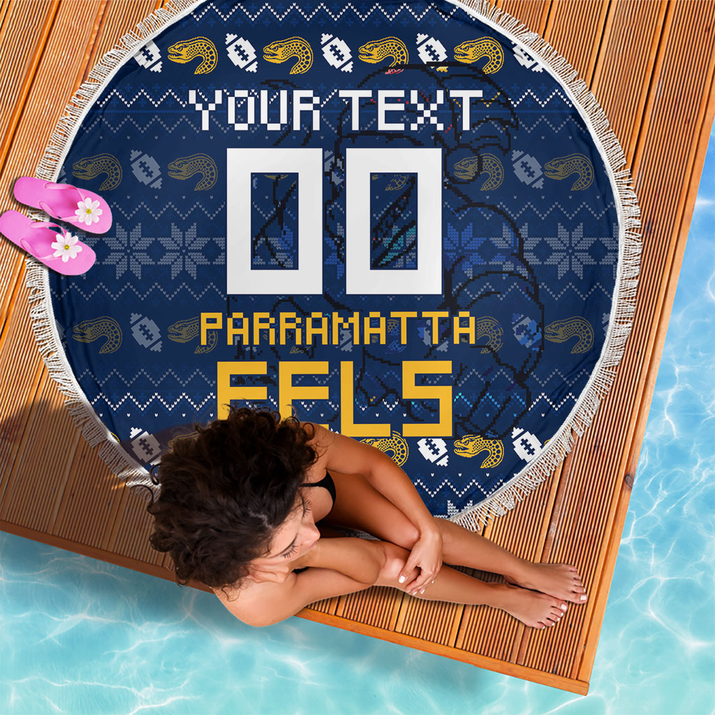 Personalized Parramatta Eels Christmas Beach Blanket Australian Rugby Fans - Pixelated Ugly Xmas Pattern Mascot Santa