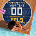 Personalized Parramatta Eels Christmas Beach Blanket Australian Rugby Fans - Pixelated Ugly Xmas Pattern Mascot Santa