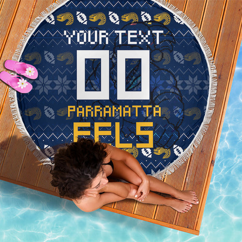 Personalized Parramatta Eels Christmas Beach Blanket Australian Rugby Fans - Pixelated Ugly Xmas Pattern Mascot Santa