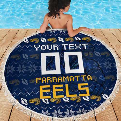 Personalized Parramatta Eels Christmas Beach Blanket Australian Rugby Fans - Pixelated Ugly Xmas Pattern Mascot Santa