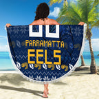 Personalized Parramatta Eels Christmas Beach Blanket Australian Rugby Fans - Pixelated Ugly Xmas Pattern Mascot Santa