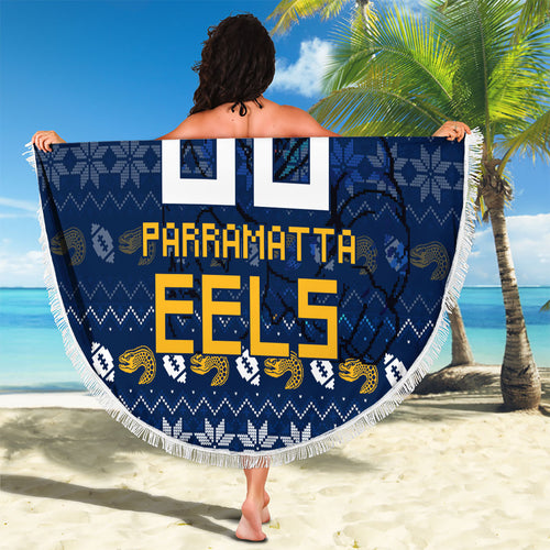 Personalized Parramatta Eels Christmas Beach Blanket Australian Rugby Fans - Pixelated Ugly Xmas Pattern Mascot Santa