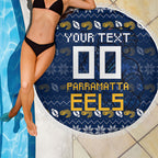 Personalized Parramatta Eels Christmas Beach Blanket Australian Rugby Fans - Pixelated Ugly Xmas Pattern Mascot Santa