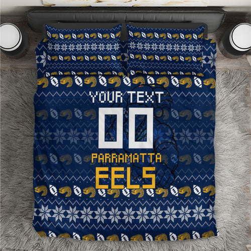 Personalized Parramatta Eels Christmas Bedding Set Australian Rugby Fans - Pixelated Ugly Xmas Pattern Mascot Santa