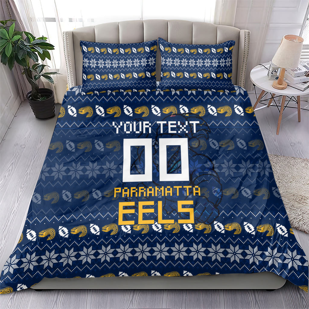 Personalized Parramatta Eels Christmas Bedding Set Australian Rugby Fans - Pixelated Ugly Xmas Pattern Mascot Santa