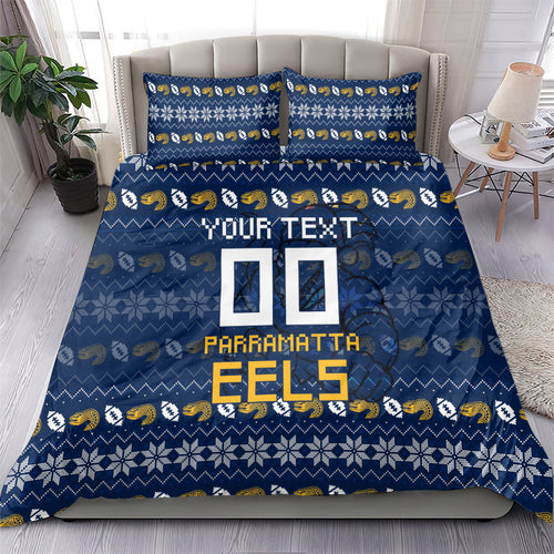 Personalized Parramatta Eels Christmas Bedding Set Australian Rugby Fans - Pixelated Ugly Xmas Pattern Mascot Santa