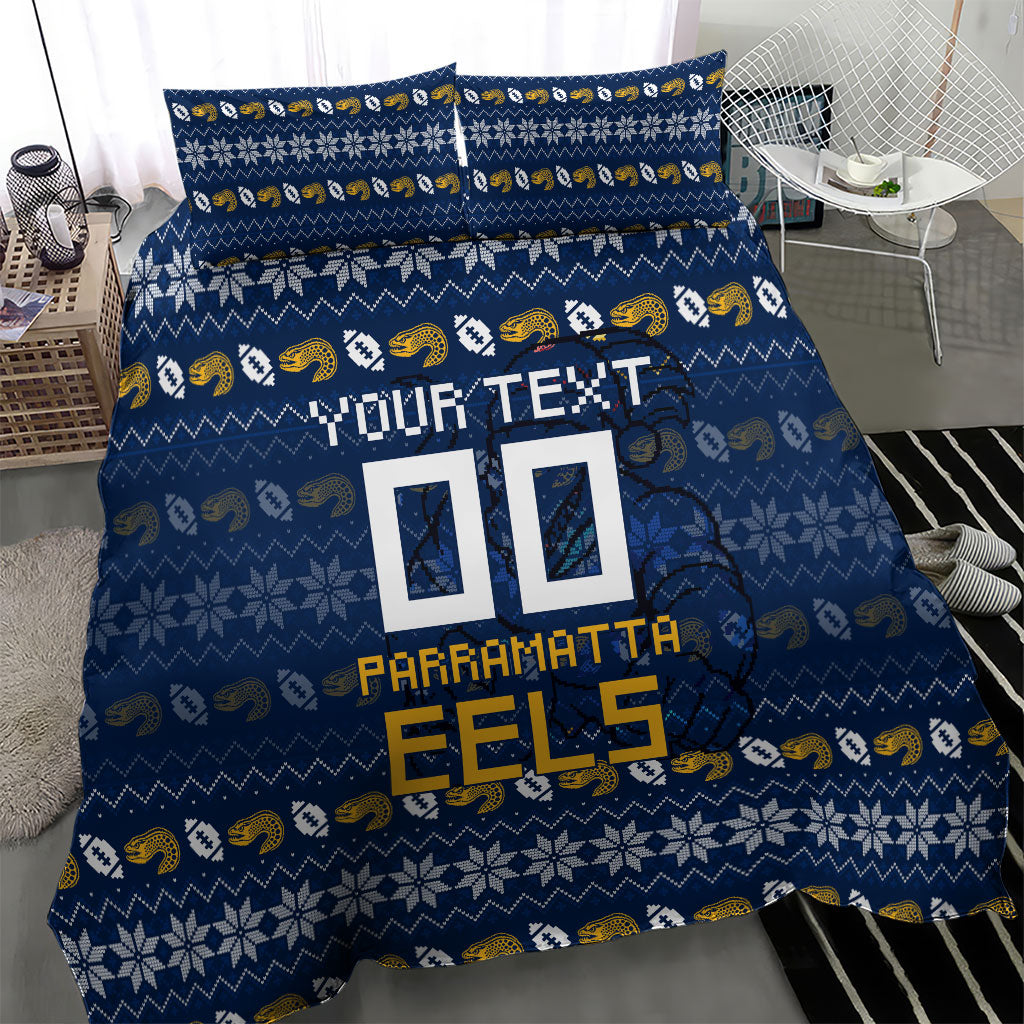 Personalized Parramatta Eels Christmas Bedding Set Australian Rugby Fans - Pixelated Ugly Xmas Pattern Mascot Santa