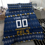 Personalized Parramatta Eels Christmas Bedding Set Australian Rugby Fans - Pixelated Ugly Xmas Pattern Mascot Santa