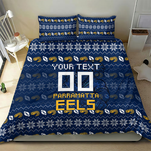 Personalized Parramatta Eels Christmas Bedding Set Australian Rugby Fans - Pixelated Ugly Xmas Pattern Mascot Santa