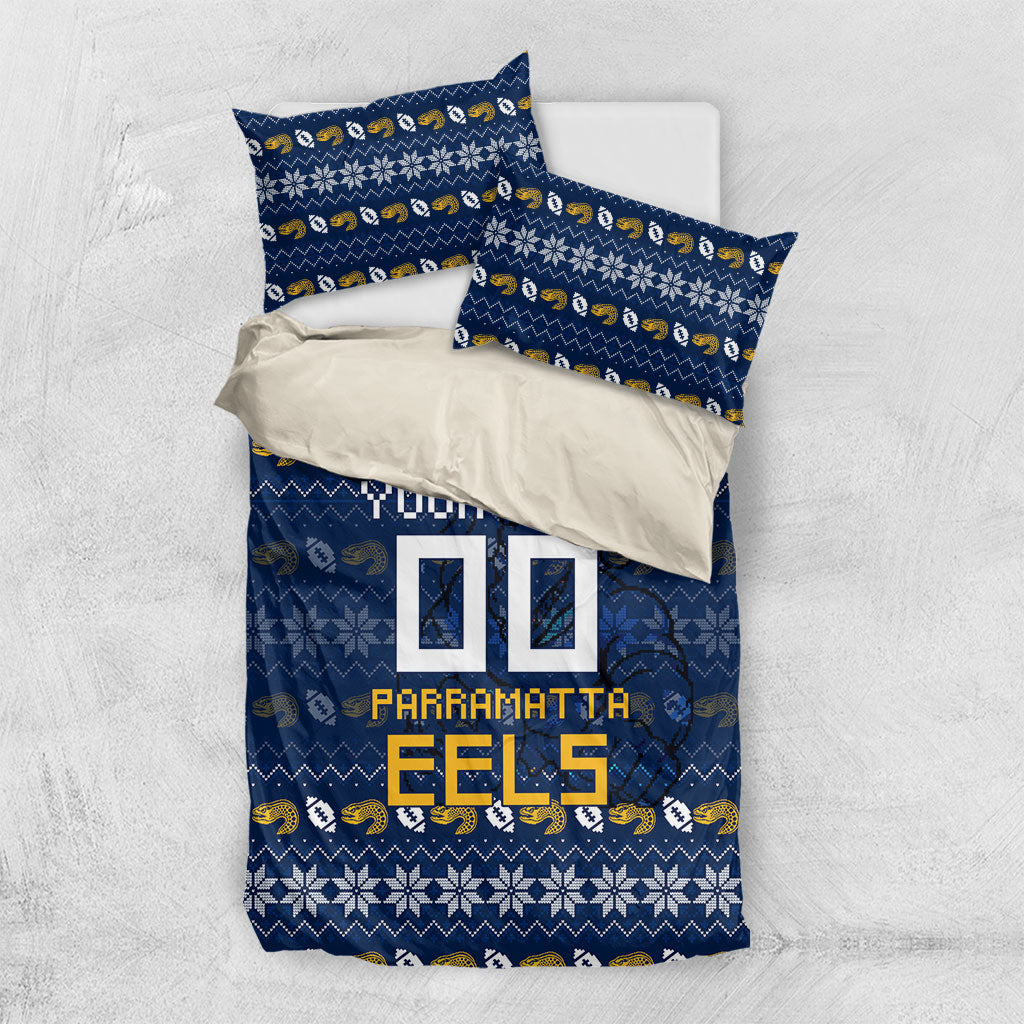 Personalized Parramatta Eels Christmas Bedding Set Australian Rugby Fans - Pixelated Ugly Xmas Pattern Mascot Santa