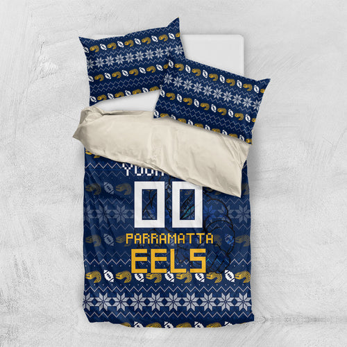 Personalized Parramatta Eels Christmas Bedding Set Australian Rugby Fans - Pixelated Ugly Xmas Pattern Mascot Santa