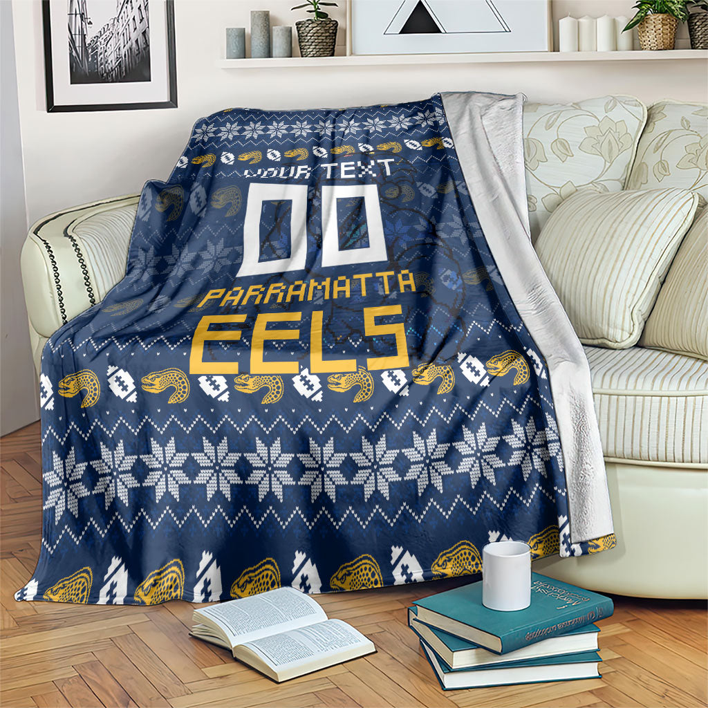 Personalized Parramatta Eels Christmas Blanket Australian Rugby Fans - Pixelated Ugly Xmas Pattern Mascot Santa