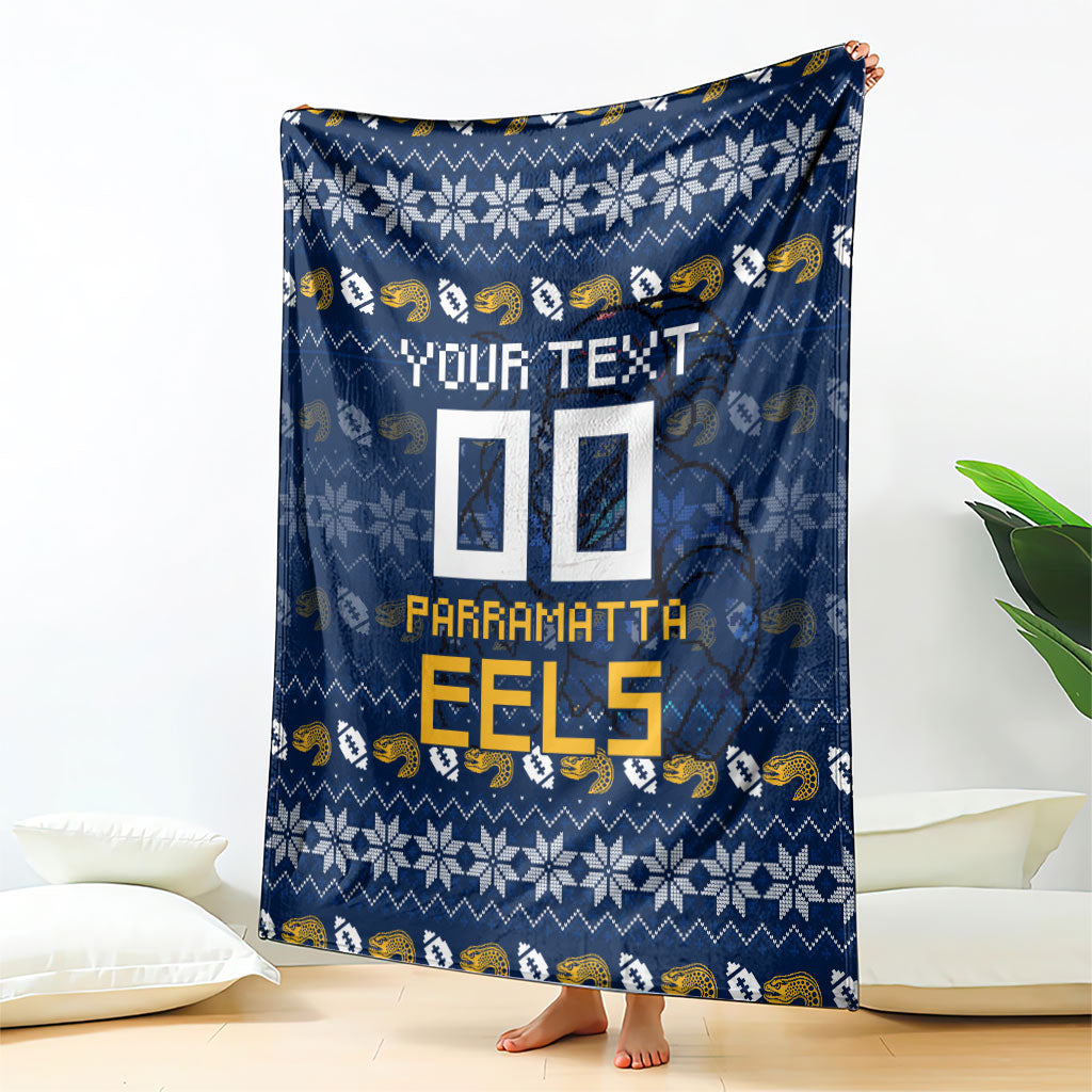 Personalized Parramatta Eels Christmas Blanket Australian Rugby Fans - Pixelated Ugly Xmas Pattern Mascot Santa