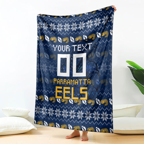 Personalized Parramatta Eels Christmas Blanket Australian Rugby Fans - Pixelated Ugly Xmas Pattern Mascot Santa