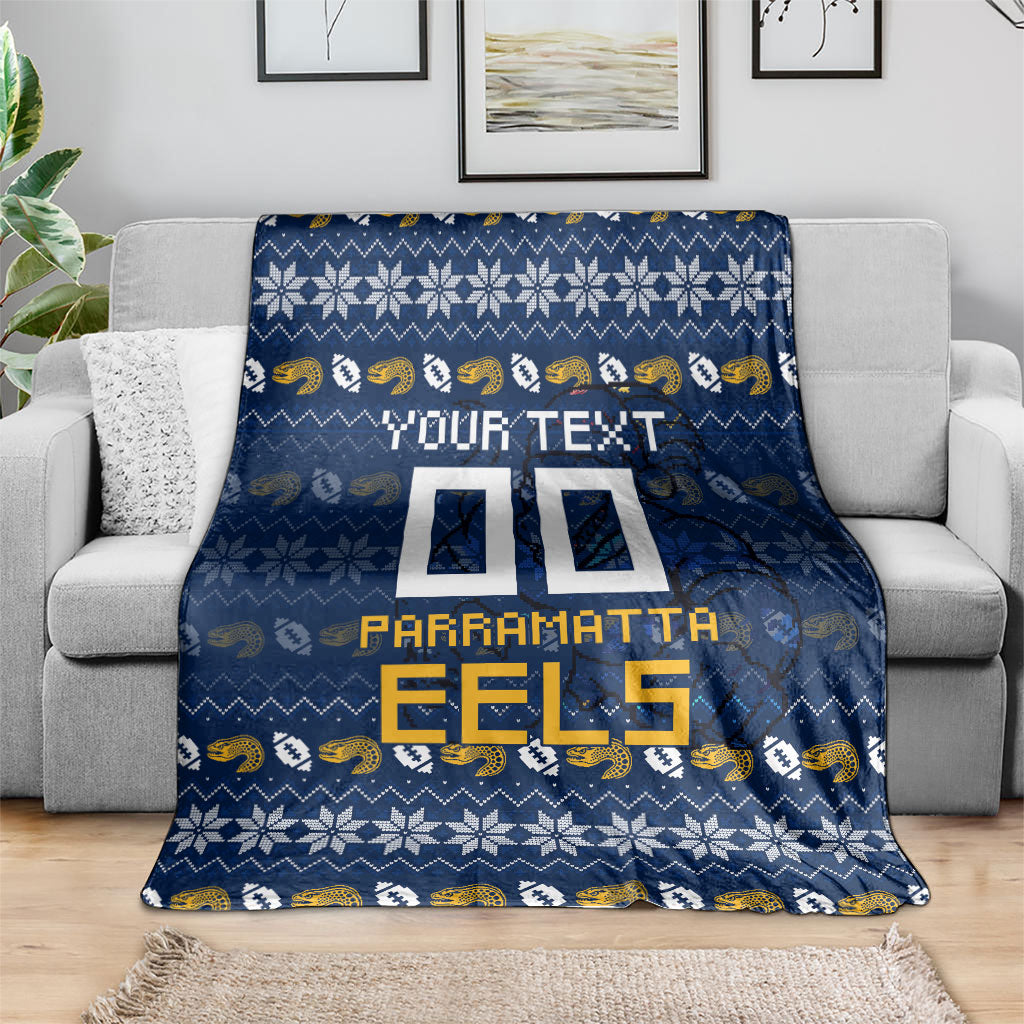 Personalized Parramatta Eels Christmas Blanket Australian Rugby Fans - Pixelated Ugly Xmas Pattern Mascot Santa