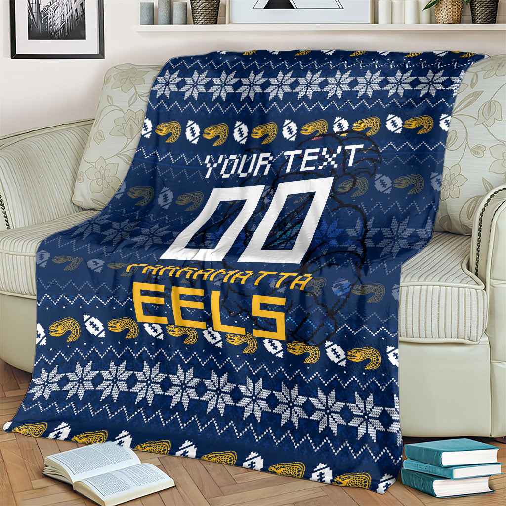 Personalized Parramatta Eels Christmas Blanket Australian Rugby Fans - Pixelated Ugly Xmas Pattern Mascot Santa