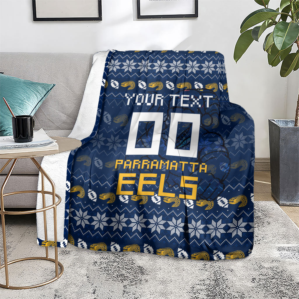 Personalized Parramatta Eels Christmas Blanket Australian Rugby Fans - Pixelated Ugly Xmas Pattern Mascot Santa