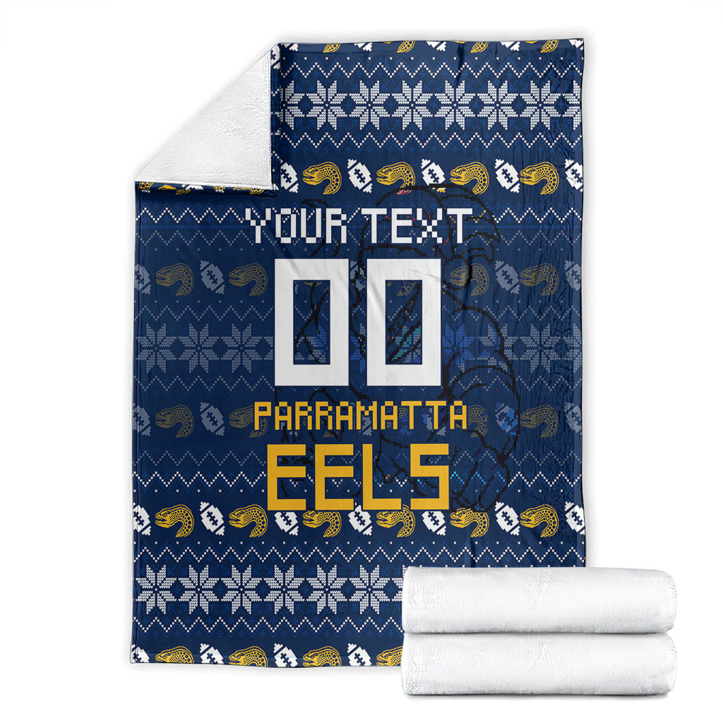Personalized Parramatta Eels Christmas Blanket Australian Rugby Fans - Pixelated Ugly Xmas Pattern Mascot Santa