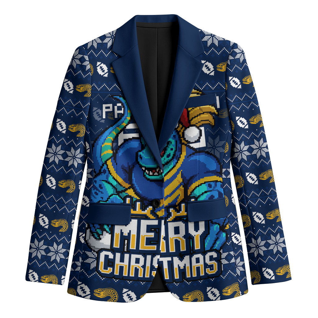 Personalized Parramatta Eels Christmas Blazer Australian Rugby Fans - Pixelated Ugly Xmas Pattern Mascot Santa