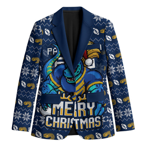 Personalized Parramatta Eels Christmas Blazer Australian Rugby Fans - Pixelated Ugly Xmas Pattern Mascot Santa