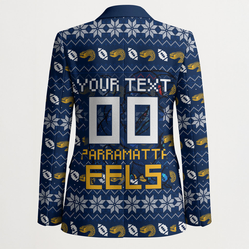 Personalized Parramatta Eels Christmas Blazer Australian Rugby Fans - Pixelated Ugly Xmas Pattern Mascot Santa