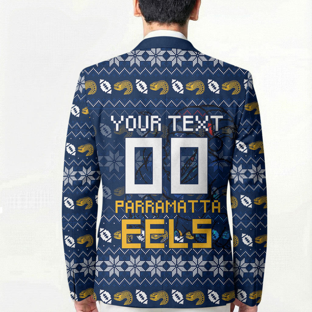 Personalized Parramatta Eels Christmas Blazer Australian Rugby Fans - Pixelated Ugly Xmas Pattern Mascot Santa