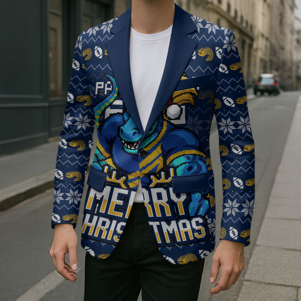 Personalized Parramatta Eels Christmas Blazer Australian Rugby Fans - Pixelated Ugly Xmas Pattern Mascot Santa