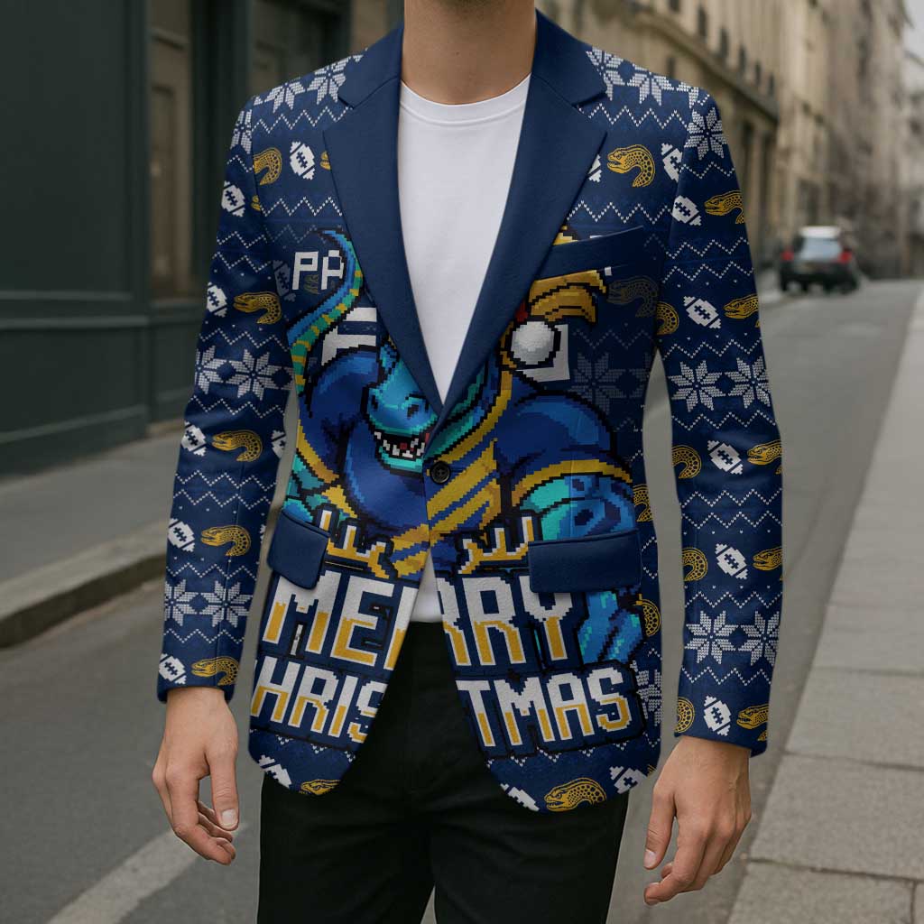 Personalized Parramatta Eels Christmas Blazer Australian Rugby Fans - Pixelated Ugly Xmas Pattern Mascot Santa