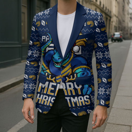 Personalized Parramatta Eels Christmas Blazer Australian Rugby Fans - Pixelated Ugly Xmas Pattern Mascot Santa