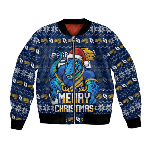 Personalized Parramatta Eels Christmas Bomber Jacket Australian Rugby Fans - Pixelated Ugly Xmas Pattern Mascot Santa
