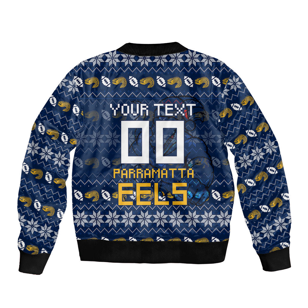 Personalized Parramatta Eels Christmas Bomber Jacket Australian Rugby Fans - Pixelated Ugly Xmas Pattern Mascot Santa