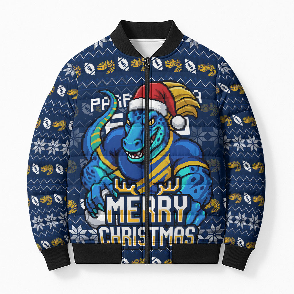 Personalized Parramatta Eels Christmas Bomber Puffer Jacket Australian Rugby Fans - Pixelated Ugly Xmas Pattern Mascot Santa