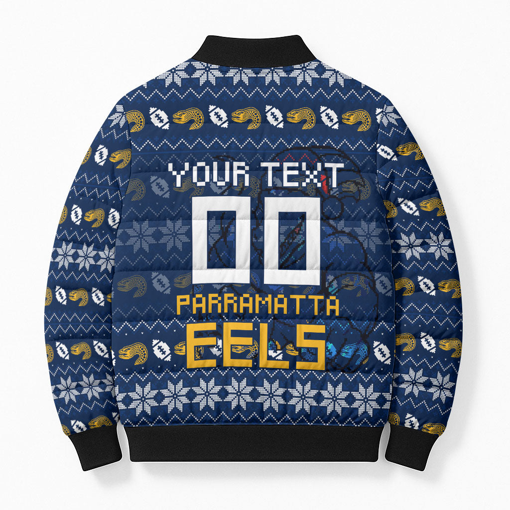 Personalized Parramatta Eels Christmas Bomber Puffer Jacket Australian Rugby Fans - Pixelated Ugly Xmas Pattern Mascot Santa