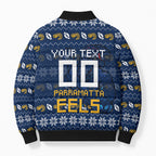 Personalized Parramatta Eels Christmas Bomber Puffer Jacket Australian Rugby Fans - Pixelated Ugly Xmas Pattern Mascot Santa