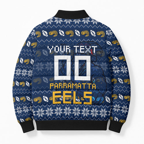 Personalized Parramatta Eels Christmas Bomber Puffer Jacket Australian Rugby Fans - Pixelated Ugly Xmas Pattern Mascot Santa