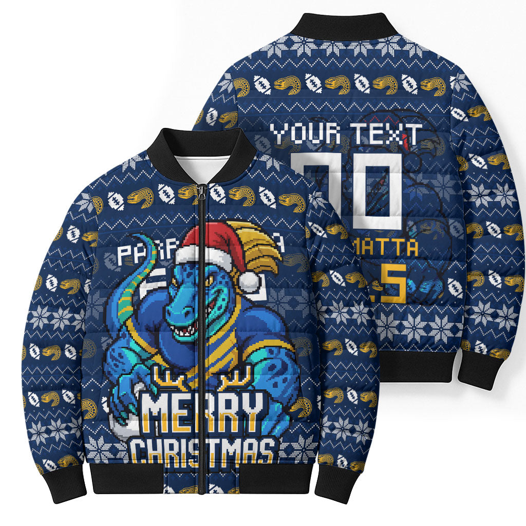 Personalized Parramatta Eels Christmas Bomber Puffer Jacket Australian Rugby Fans - Pixelated Ugly Xmas Pattern Mascot Santa