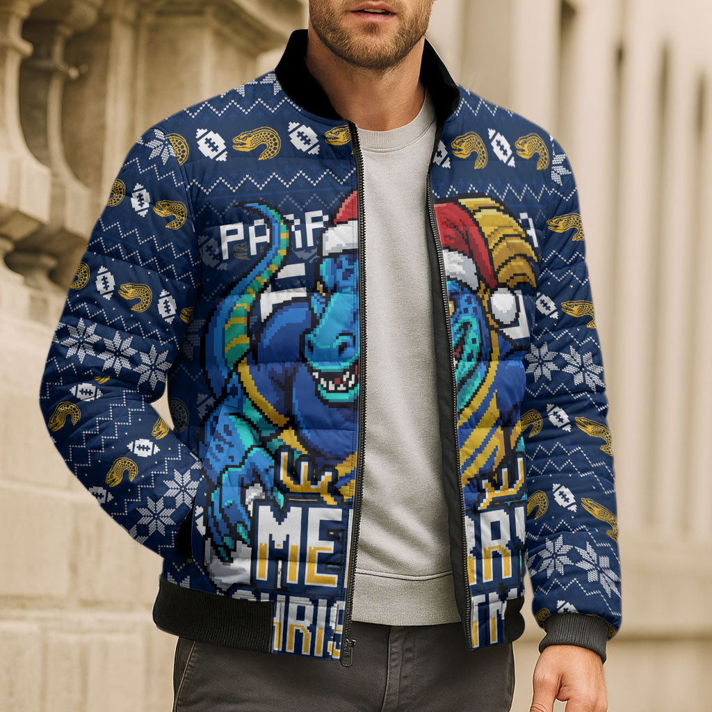Personalized Parramatta Eels Christmas Bomber Puffer Jacket Australian Rugby Fans - Pixelated Ugly Xmas Pattern Mascot Santa