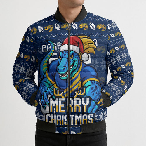 Personalized Parramatta Eels Christmas Bomber Puffer Jacket Australian Rugby Fans - Pixelated Ugly Xmas Pattern Mascot Santa