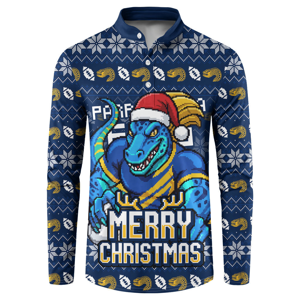Personalized Parramatta Eels Christmas Button Sweatshirt Australian Rugby Fans - Pixelated Ugly Xmas Pattern Mascot Santa