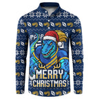 Personalized Parramatta Eels Christmas Button Sweatshirt Australian Rugby Fans - Pixelated Ugly Xmas Pattern Mascot Santa