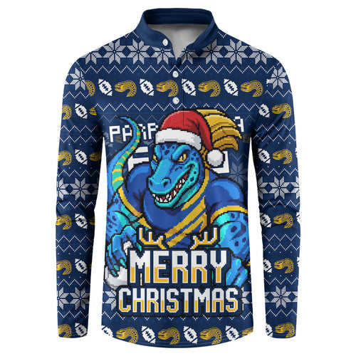Personalized Parramatta Eels Christmas Button Sweatshirt Australian Rugby Fans - Pixelated Ugly Xmas Pattern Mascot Santa