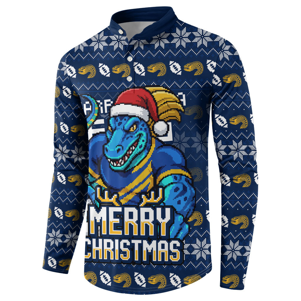Personalized Parramatta Eels Christmas Button Sweatshirt Australian Rugby Fans - Pixelated Ugly Xmas Pattern Mascot Santa