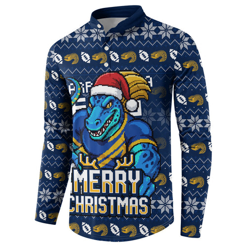 Personalized Parramatta Eels Christmas Button Sweatshirt Australian Rugby Fans - Pixelated Ugly Xmas Pattern Mascot Santa