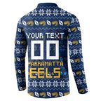 Personalized Parramatta Eels Christmas Button Sweatshirt Australian Rugby Fans - Pixelated Ugly Xmas Pattern Mascot Santa
