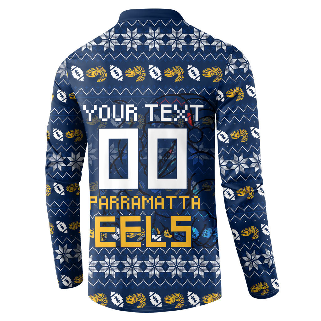 Personalized Parramatta Eels Christmas Button Sweatshirt Australian Rugby Fans - Pixelated Ugly Xmas Pattern Mascot Santa
